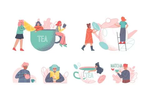 Tea Time Break with Tiny People Character Enjoying Hot Drink in Cup Vector Set Illustrazione stock