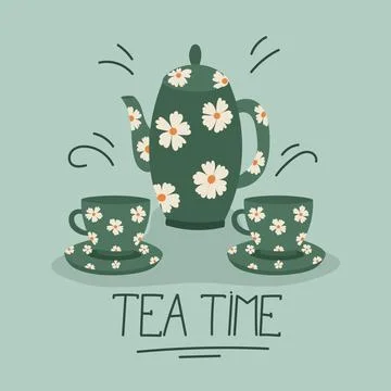 Tea time card design. Green teapot with two cups Vector illustration. Stock Illustration