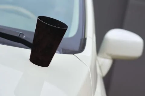 Tea time coffee break. Paper cup of coffee, tea on the hood of the car Stock Photos