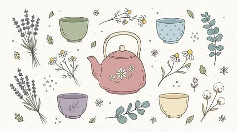 Tea time collection featuring teapot herbal cups lavender eucalyptus and ch.. Stock Illustration