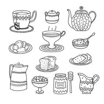 Tea time collection in hand drawn doodle style. Cute vector set of tea ceremo Stock Illustration