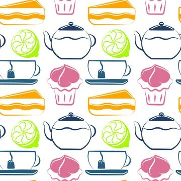 Tea time, colored seamless pattern. Hand drawn ink brush design. Teapot, cup Stock Illustration