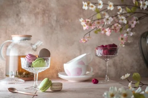 Tea time composition with colorful macaroons. Stock Photos