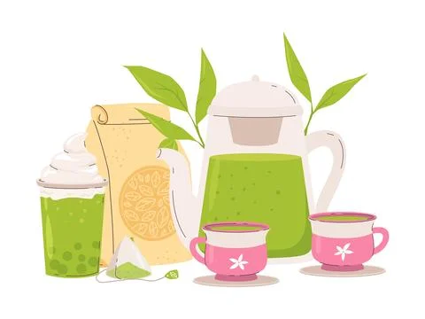 Tea time composition with cups, pot and leaves. Matcha or green drink, drinking 库存插图