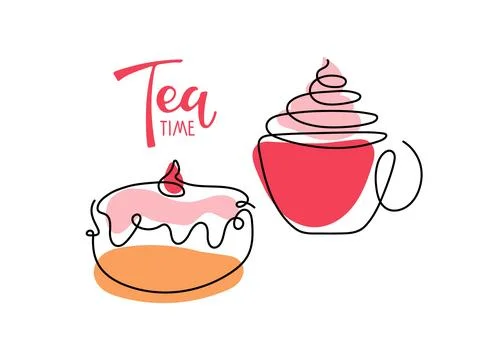 Tea time. Continuous one line drawing hot drink cup and bakery doughnut. Foamy Stock Illustration