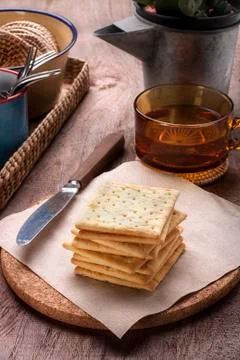 Tea time with crackers Stock Photos