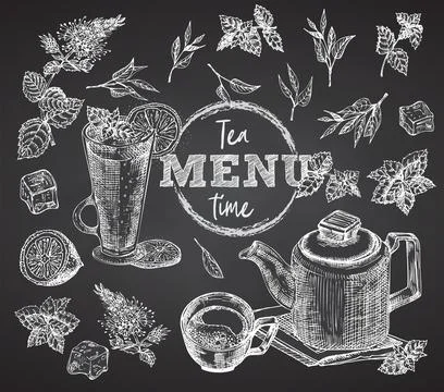 Tea time. Cup, Mug, teapot, mint, lemon, ice on black chalk board background  Stock Illustration
