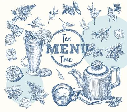 Tea time. Cup, Mug, teapot, mint, lemon, ice Vintage hand drawn sketch design Stock Illustration