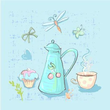 Tea time cute childish elements vector set on grunge background Stock Illustration