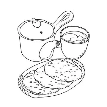 Tea time with delicious biscuits on metal tray and ceramic kettle line art color Illustration