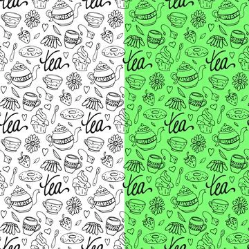 Tea time floral seamless pattern. Hand drawn ink brush doodle design. Teapot Stock Illustration