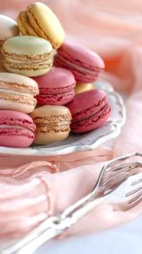 Tea time french macarons in selective focus for text over lay Fotos Stock