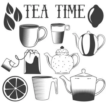 Tea time hand drawn vector illustration. Set of tea objects isolated on white Stock Illustration