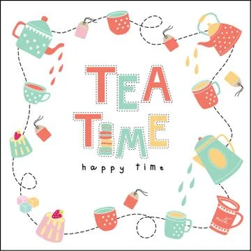 Tea time happy time doodle illustration pastel color vector Stock Illustration
