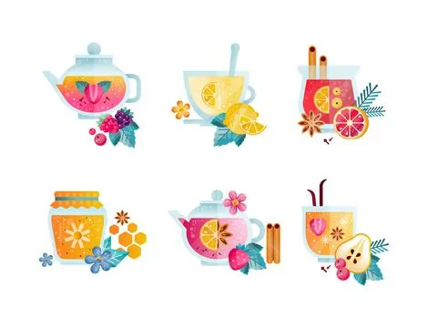 Tea Time with Hot Brewed Drink Poured in Teapot and Glass Mug with Spices Vector Stock Illustration