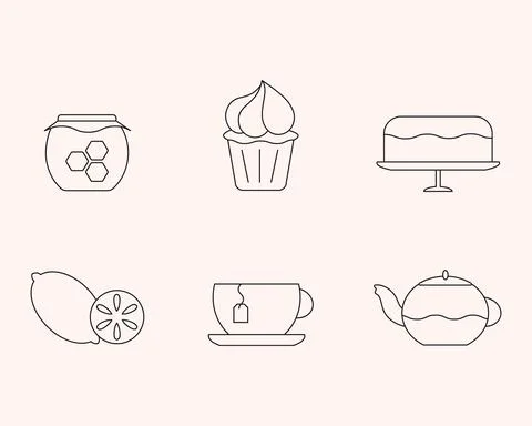 Tea Time Icons Set. Thin line, black contour, outline, flat design. Isolated 스톡 일러스트