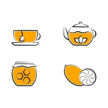 Tea Time Icons Set. Thin line, black contour, outline, yellow mustard fill, flat Stock-Illustration