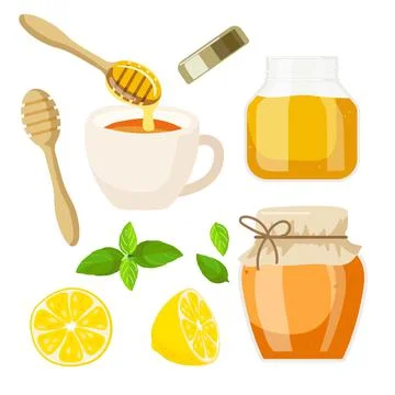 Tea time. Jars with honey and jam, cup of tea, mint, lemon. Organic food eco Stock Illustration
