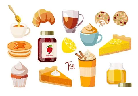 Tea time. Jars with honey and jam, cups of tea, pastries, lemon. Tasty breakfast Illustrazione stock