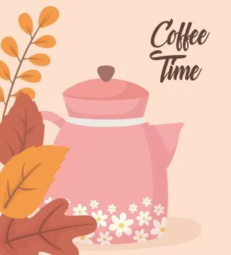 Tea time, kettle with flowers foliage leaves decoration Illustration