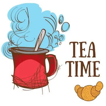 Tea Time, large red mug and croissant. Stock Illustration