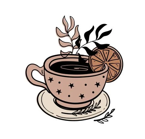 Tea time, lemon tea mug, coffee cup and plate. Doodle illustration for witch  Stock Illustration