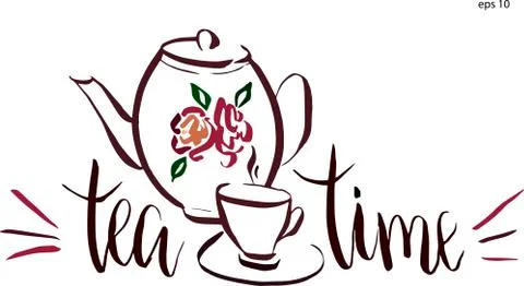 Tea time lettering in vector. Cup with swirl design elements and retro teapot Stock Illustration