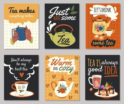 Tea time menu cards. Cute breakfast posters with funny hand drawn text, hot Stock Illustration