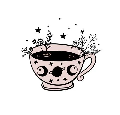 Tea time, a mug of tea, a cup of coffee. Doodle illustration for witch shop,  Stock Illustration