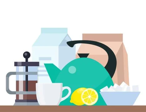 Tea time poster concept. Tea party composition. Teapot, cup, sugar, lemon, mi Stock Illustration