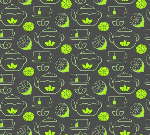 Tea time seamless pattern. Hand drawn ink brush design. Teapot, cup, lemon icon Illustrazione stock