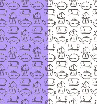 Tea time seamless pattern. Hand drawn ink brush icon style. Teapot, cup, cake Stock Illustration