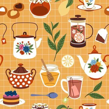 Tea time seamless pattern. Tasty breakfast sweets and desserts with hot drinks Illustrazione stock
