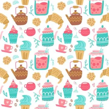 Tea time seamless pattern. Tea party wrapping paper design. Hand drawn doodle Stock Illustration
