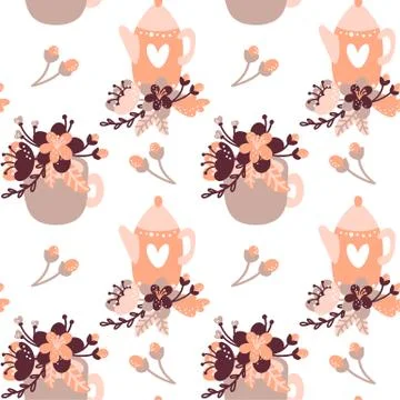 Tea time seamless pattern. Tea party background design. Hand drawn doodle Stock Illustration