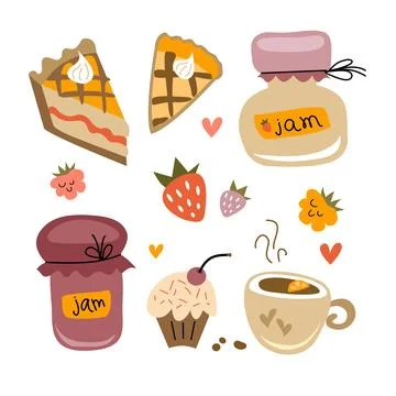 Tea time set cartoon. Cute dessert food and hot drink objects, cozy home fe.. Stock Illustration