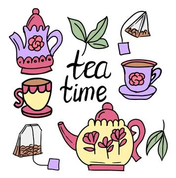 Tea time set with teapot, cups, teabags. Vector illustration Stock Illustration