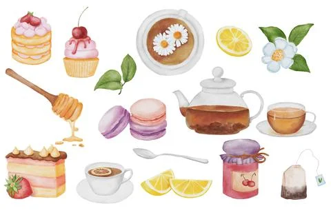 Tea Time Set with teapot, lemon and sweets. Watercolor hand painted illustration Stock Illustration