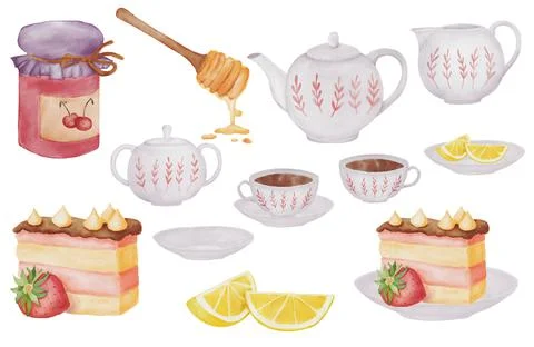 Tea Time Set with teapot, lemon and honey. Watercolor hand painted illustration Stock Illustration