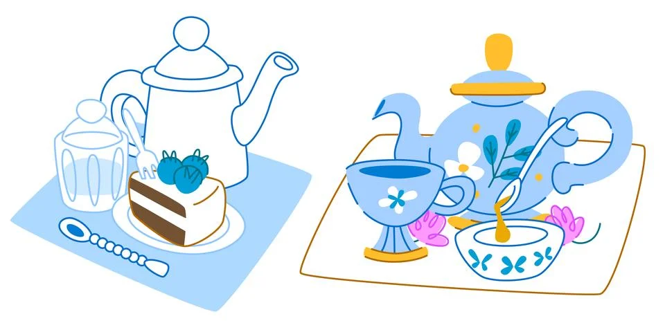 Tea time setup illustration in risograph style Stock Illustration