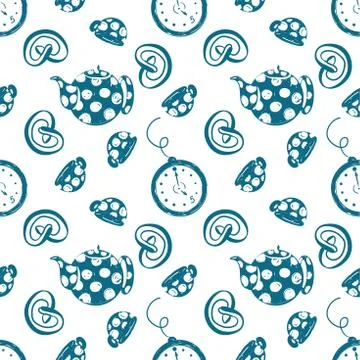 Tea time simple sketh drawn by hand seamless pattern in cartoon style with watch Stock Illustration