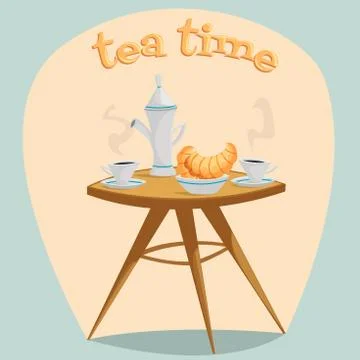 Tea time. Table with a kettle, cups and croissants. Stock Illustration