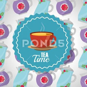 Tea Time - Teacup On Dish Label And Teapots Background