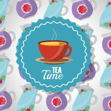 Tea time - teacup on dish label and teapots background Illustrazione stock