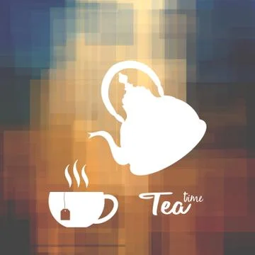 Tea Time with teakettle and cup silhouette over mosaic background Stock Illustration