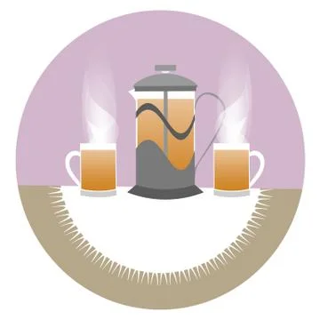 Tea time: the teapot and two cups with hot tea on the table Stock Illustration