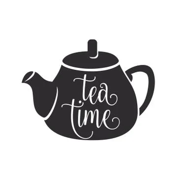 Tea time vector illustration with graphic black teapot and white lettering word Stock Illustration