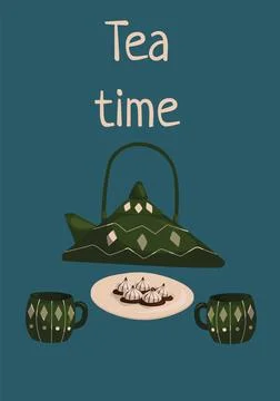 Tea Time Vector Illustration with two cups of Hot Drink, Sweet Desserts and t Stock Illustration
