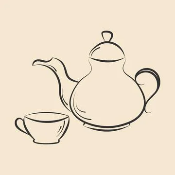 Tea time vector isolated elements. Tea pot, cup outline icons. Hand drawn ink Stock Illustration