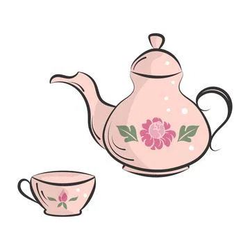 Tea time vector isolated elements. Tea pot, cup colored icons. Hand drawn ink Stock Illustration
